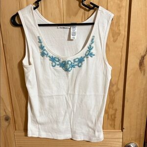 Crazy Horse Chic White Tank Top with Blue Beads
